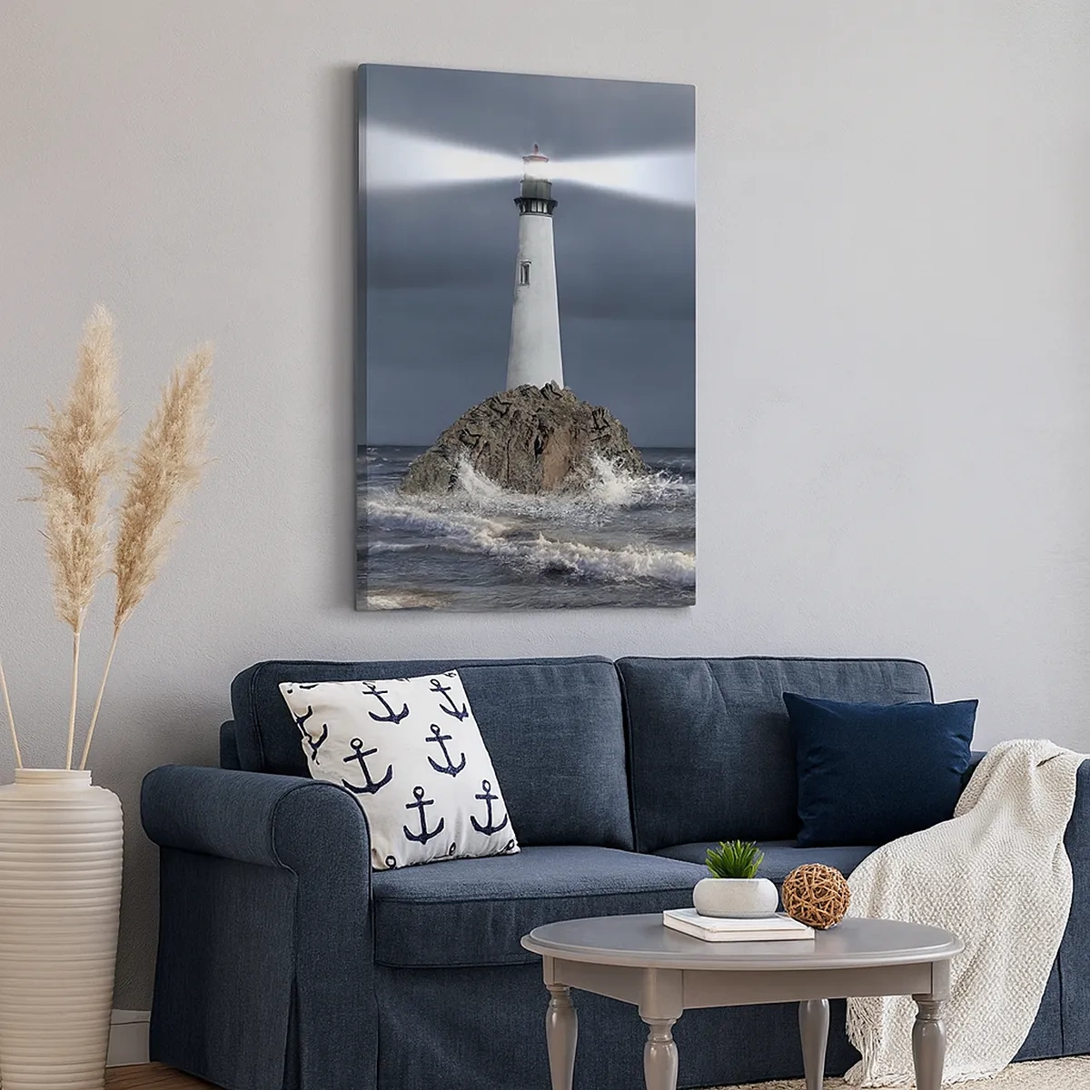 Impression sur toile - Image sur toile - Un phare sur un rocher entouré d'une mer agitée - 50x70cm - I… i… ici ! - Décoration murale moderne pour le salon et la chambre ARTTOR