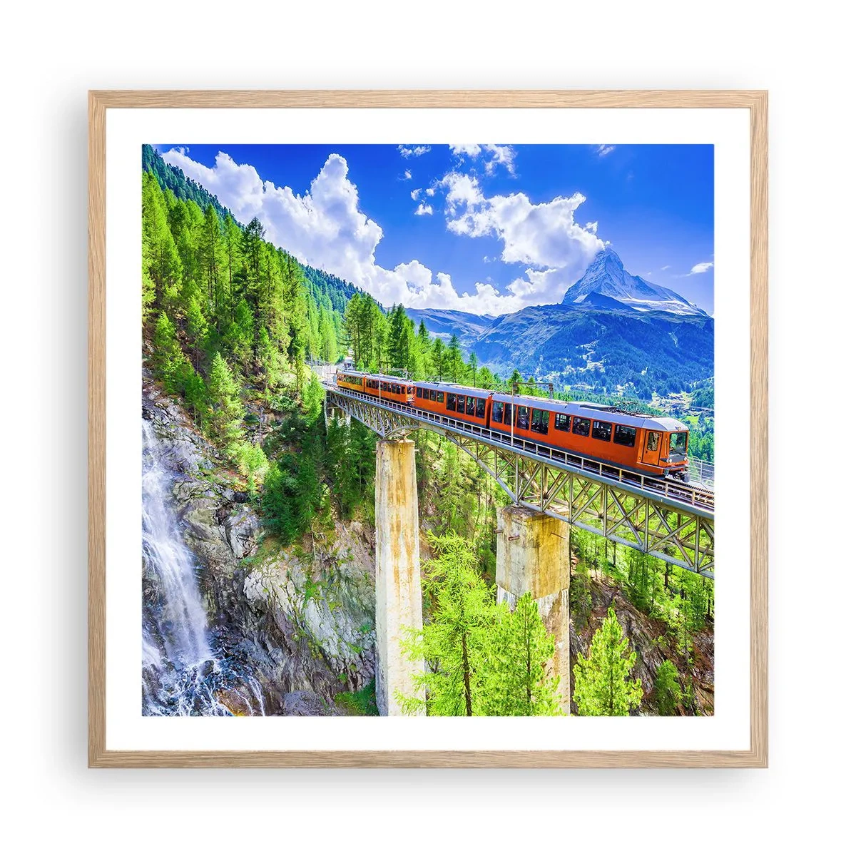 Affiche dans un chêne clair - Poster - Train dans les Alpes - 60x60 cm