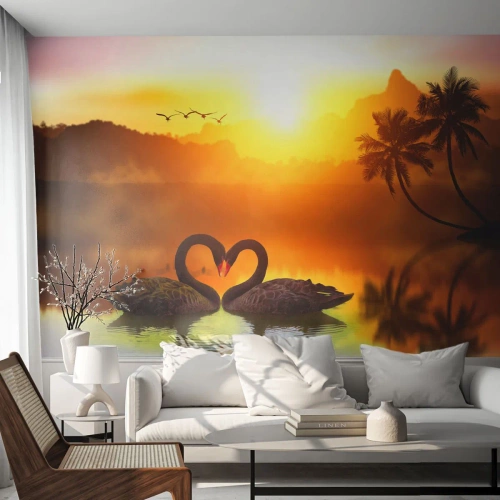 Papier peint sur mesure Premium Sand - Tout va ensemble - Cœur, Cygnes, Cocotier