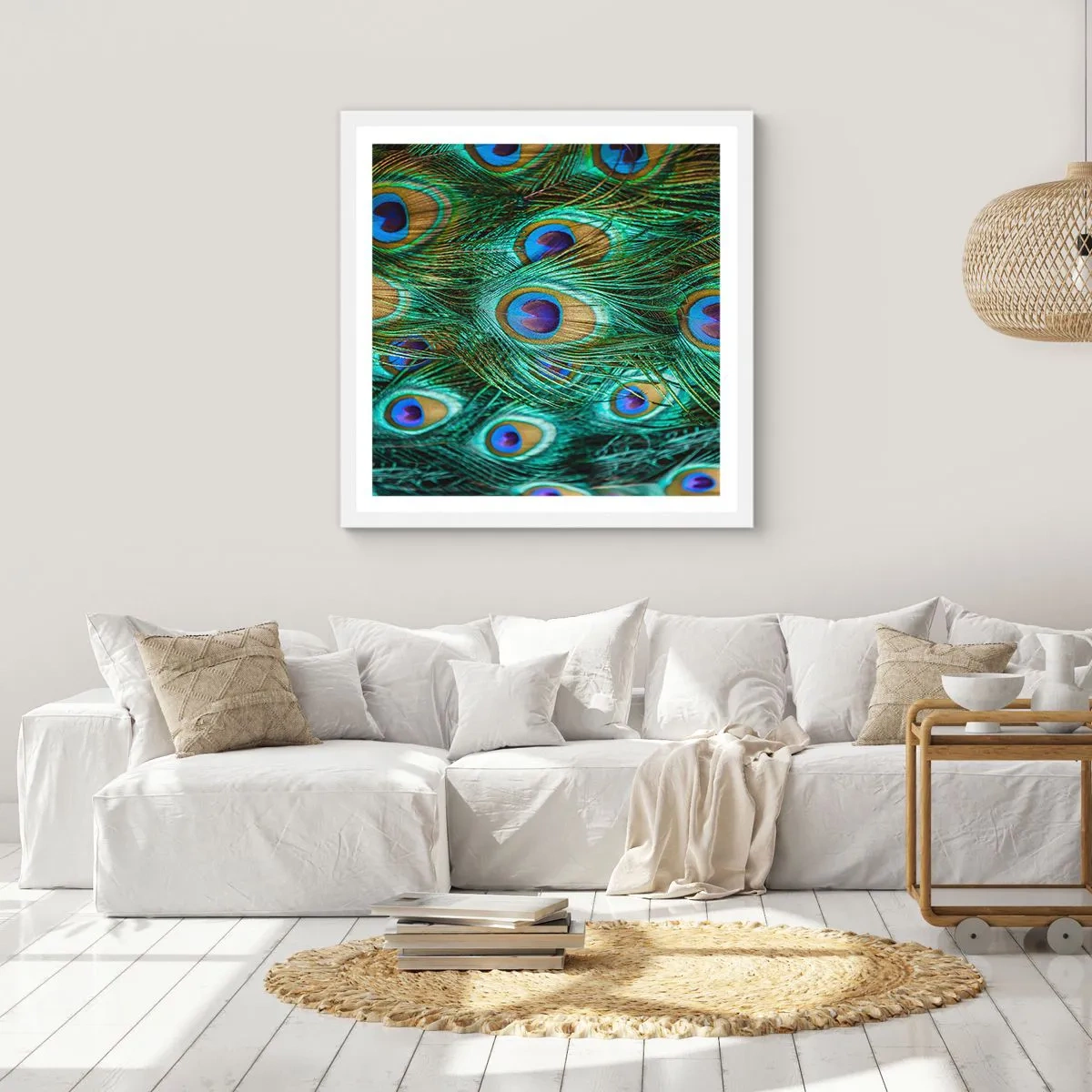 Affiche dans un cadre blanc - Poster - Un regard de paon - 40x40 cm