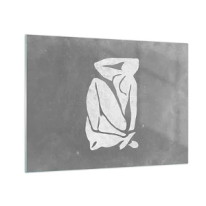 Impression sur verre - Image sur verre - Une silhouette minimaliste d'une femme sur fond gris - 70x50cm - En pensée - Décoration murale moderne pour le salon et la chambre ARTTOR