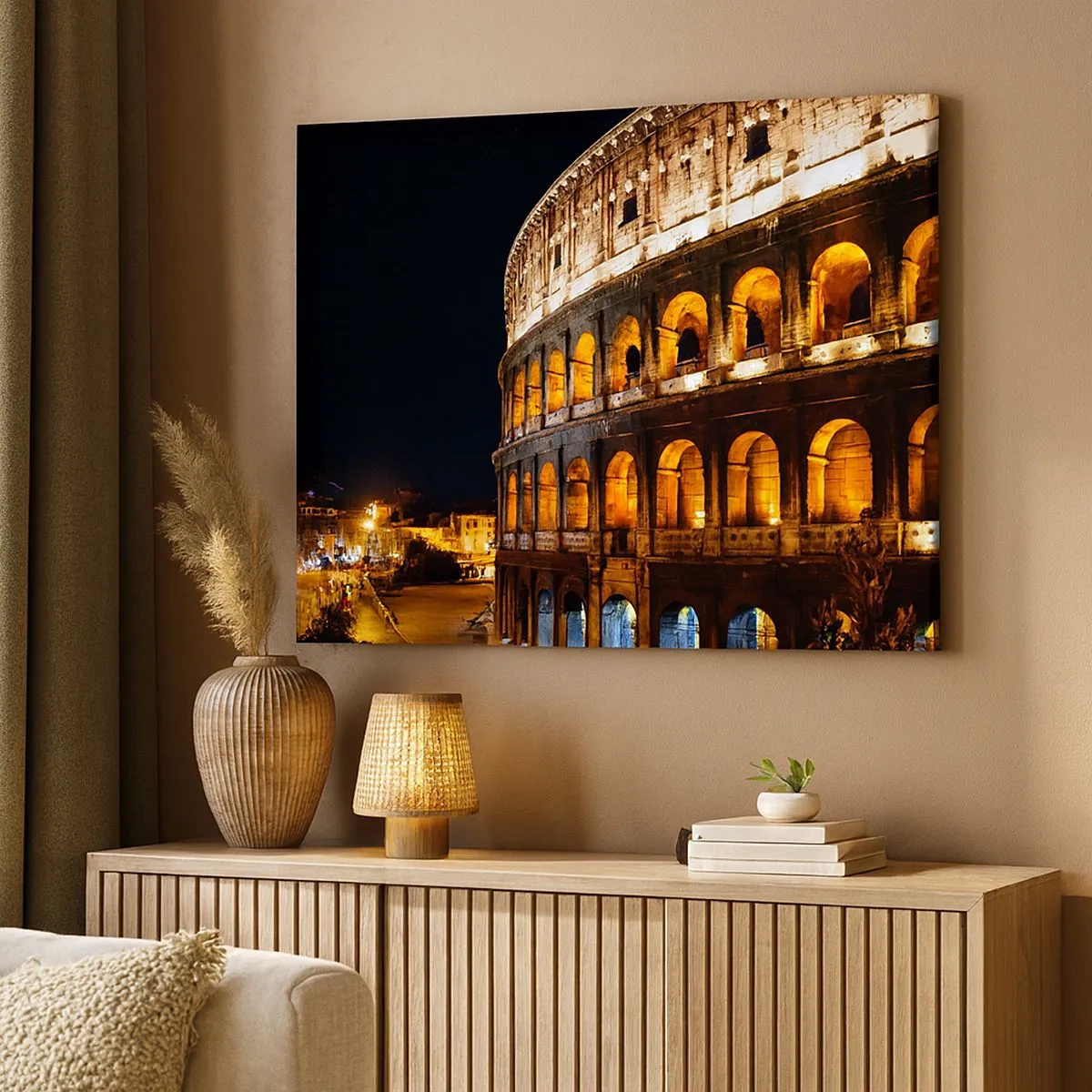 Impression sur toile - Image sur toile - Le Colisée illuminé par les lumières la nuit à Rome - 70x50cm - Il est temps de commencer les Jeux - Décoration murale moderne pour le salon et la chambre ARTTOR