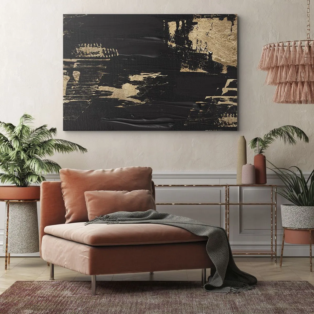 Impression sur toile - Image sur toile - Composition abstraite dans les tons de noir et d'or - 120x80cm - Empreinte du toucher - Décoration murale moderne pour le salon et la chambre ARTTOR