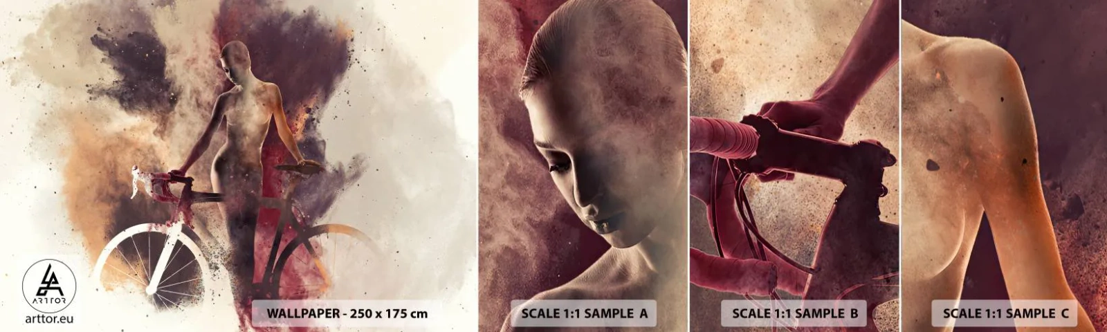 Échantillon De Papier Peint Standard Eco - Une âme de vélo aux formes marbrées - Abstraction, Femme, Vélo - 100x30 cm