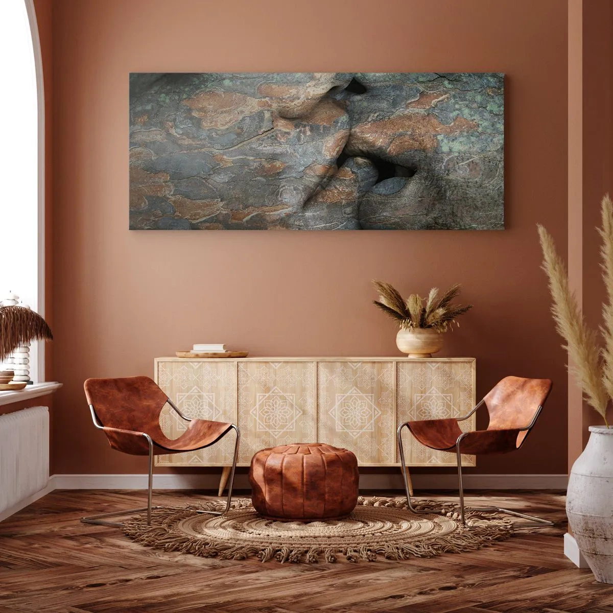 Impression sur toile - Image sur toile - Un motif artistique d'un visage sculpté dans la roche avec un effet de texture naturelle. - 120x50cm - Ensemble pour toujours - Décoration murale moderne pour le salon et la chambre ARTTOR