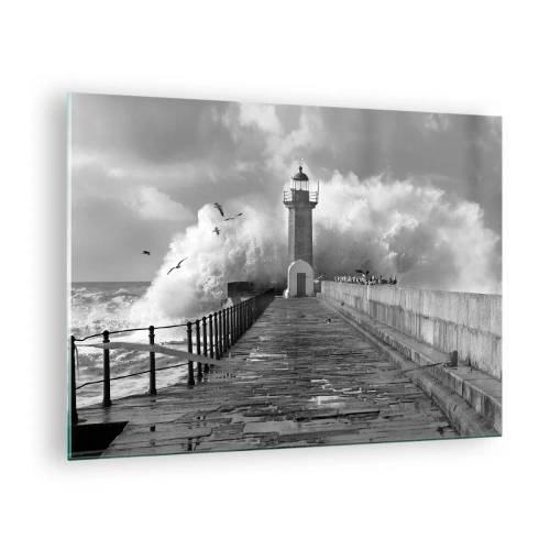 Impression sur verre - Image sur verre - Une photo en noir et blanc d'un phare au milieu de vagues déferlantes. - 70x50cm - Sans peur - Décoration murale moderne pour le salon et la chambre ARTTOR