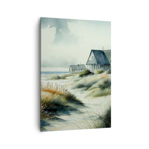 Impression sur toile - Image sur toile - Une maison de bord de mer entourée d'herbe et surplombant la mer - 70x100cm - Loin de l'agitation - Décoration murale moderne pour le salon et la chambre ARTTOR