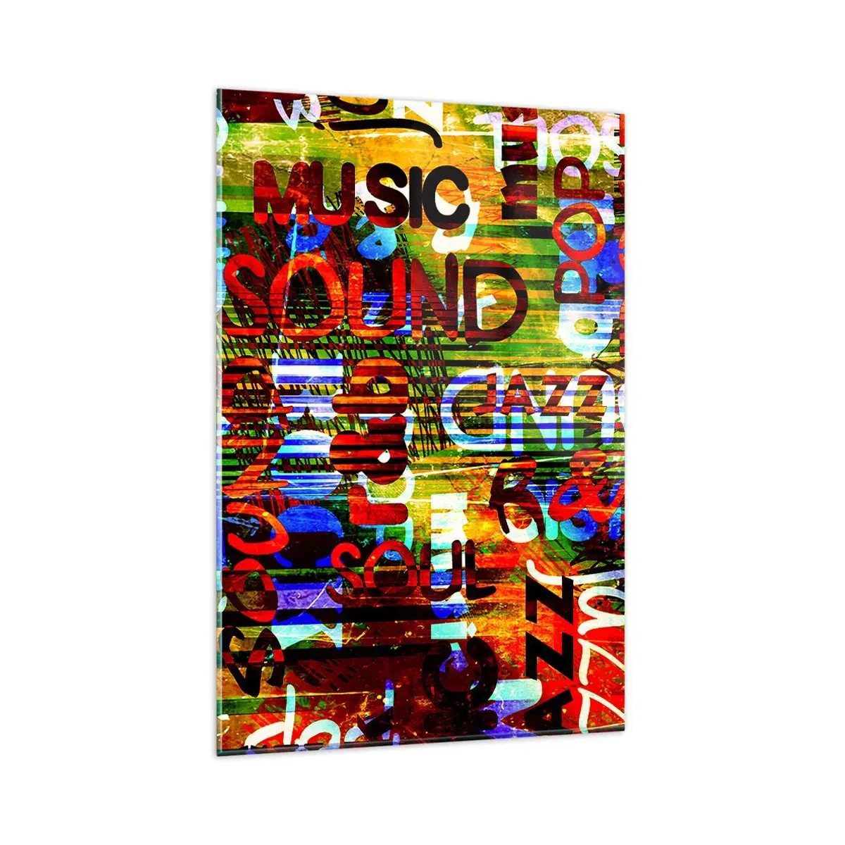 Impression sur verre - Image sur verre - Abstraction colorée avec des inscriptions musicales dans un style pop art - 80x120cm - Toutes les nuances du son - Décoration murale moderne pour le salon et la chambre ARTTOR