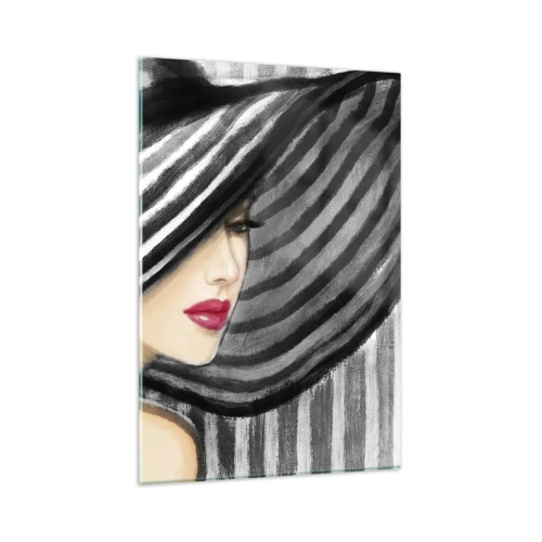 Impression sur verre - Image sur verre - Femme portant un chapeau noir et blanc avec une touche rouge - 80x120cm - Où te chercher ? - Décoration murale moderne pour le salon et la chambre ARTTOR