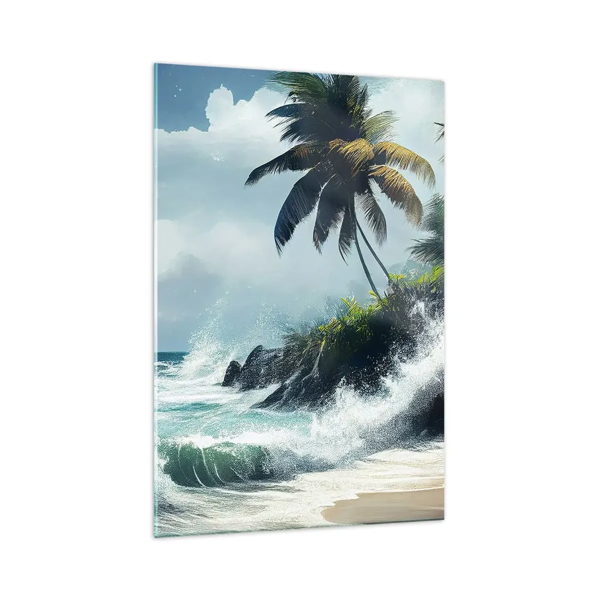 Impression sur verre - Image sur verre - Rivage tropical avec palmiers et mer agitée - 70x100cm - Sur une côte tropicale - Décoration murale moderne pour le salon et la chambre ARTTOR