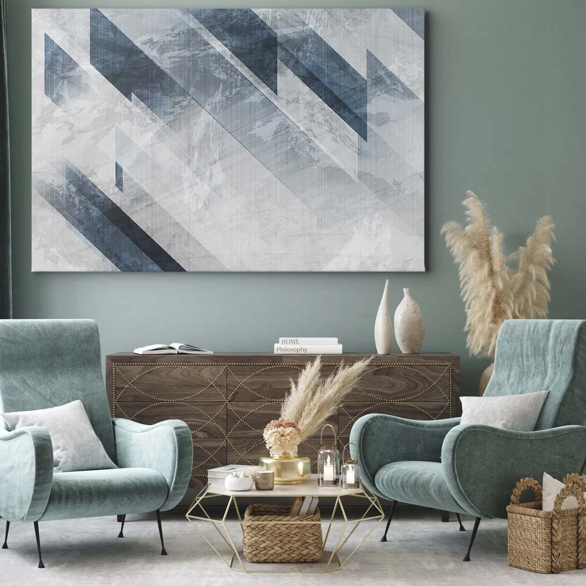 Impression sur toile - Image sur toile - Lignes abstraites dans des tons de gris et de bleu - 120x80cm - Composition spatiale - mouvement gris - Décoration murale moderne pour le salon et la chambre ARTTOR
