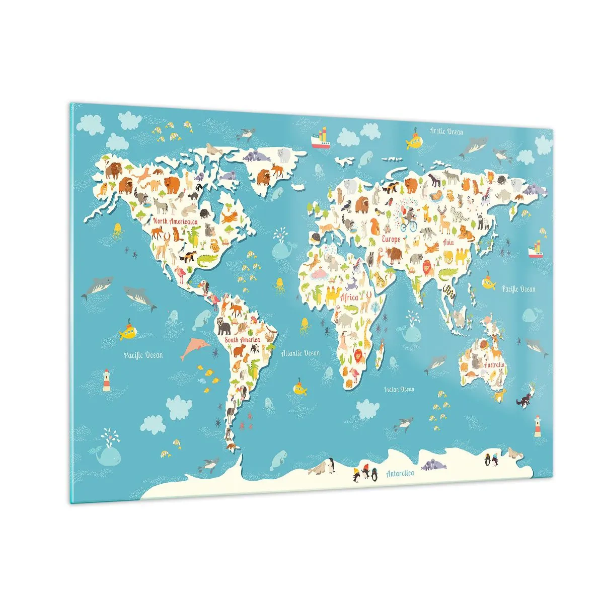 Impression sur verre - Image sur verre - Carte du monde colorée avec des motifs d'animaux et d'océan - 100x70cm - Nous aimons le monde entier - Décoration murale moderne pour le salon et la chambre ARTTOR