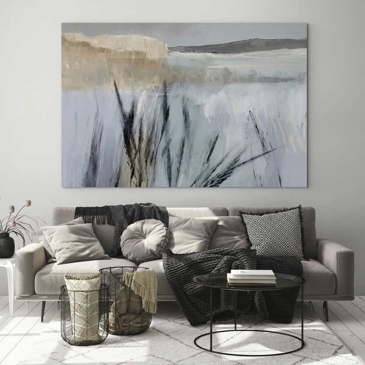 Impression sur verre - Image sur verre - Paysage d'hiver avec des herbes sur fond de champs enneigés - 120x80cm - Champs d'hiver - Décoration murale moderne pour le salon et la chambre ARTTOR