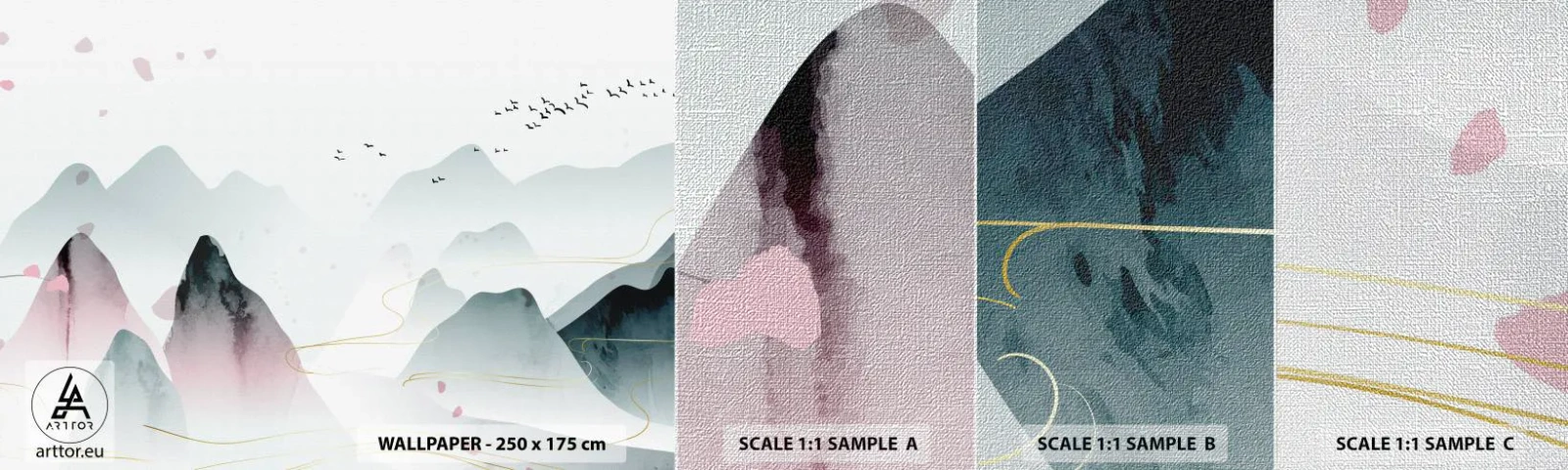 Échantillon de Papier Peint Premium Canvas - Au-delà des sommets - Paysage, Des oiseaux, Montagnes - 100x30 cm