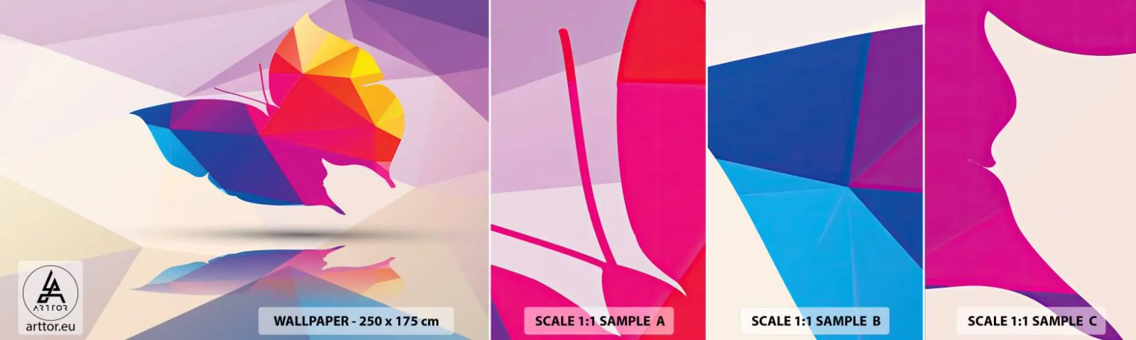 Échantillon de Papier Peint Autocollant Deluxe Sticker - Papillon arc-en-ciel - Insectes, Papillon, Figure géométrique - 100x30 cm