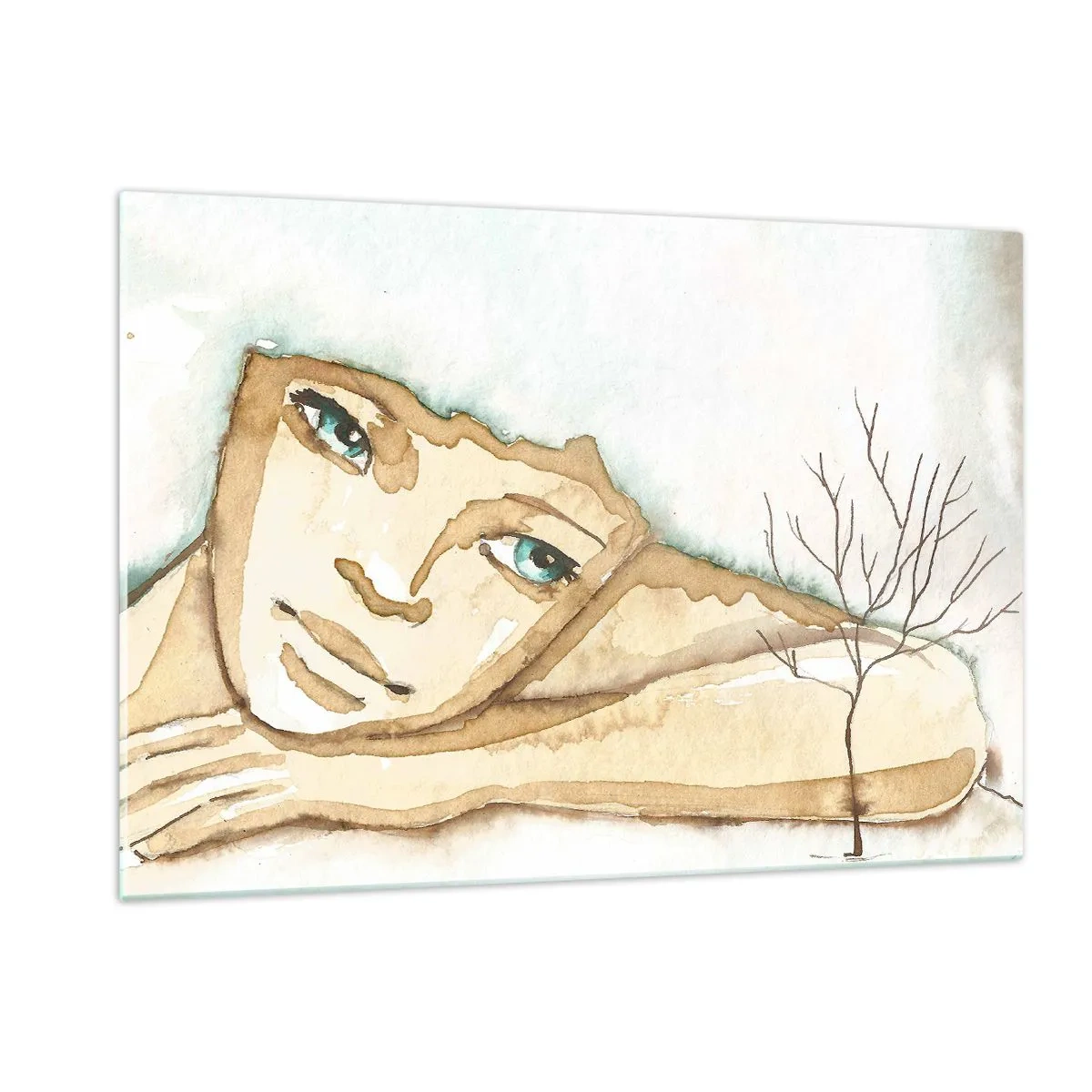 Impression sur verre - Image sur verre - Une figure subtile d'une femme avec un arbre sur un fond de couleurs aquarelles - 120x80cm - L'arbre de la poésie naît du silence - Décoration murale moderne pour le salon et la chambre ARTTOR