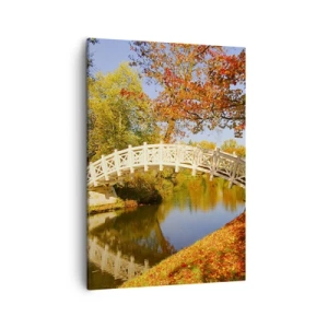 Impression sur toile - Image sur toile - Un pont dans un parc entouré de feuilles d'automne sur une eau calme - 50x70cm - Sur le pont blanc des soupirs - Décoration murale moderne pour le salon et la chambre ARTTOR
