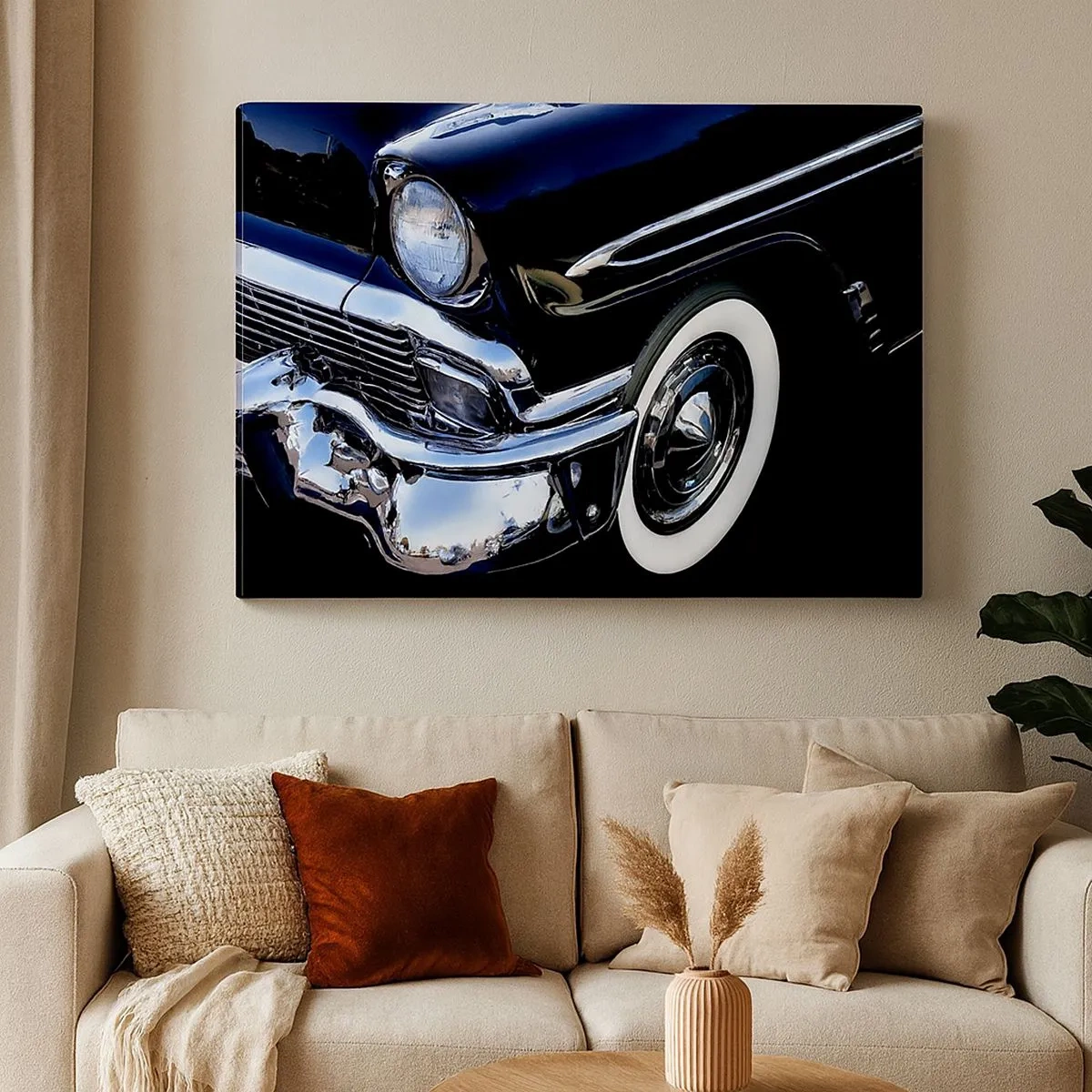 Impression sur toile - Image sur toile - Gros plan du phare et du garde-boue d'une voiture classique noire - 70x50cm - Classique en argent, noir et blanc - Décoration murale moderne pour le salon et la chambre ARTTOR