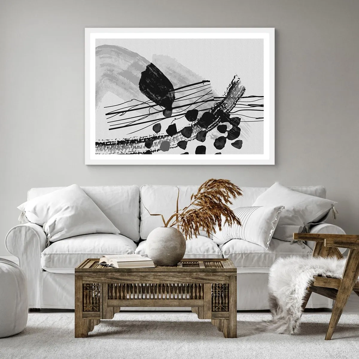 Affiche dans un cadre blanc - Poster - Abstraction organique noir et blanc - 60x60 cm