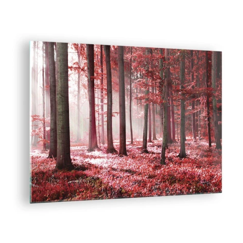 Impression sur verre - Image sur verre - Forêt d'automne aux couleurs rouges et brouillard matinal - 70x50cm - Le rouge est tout aussi beau - Décoration murale moderne pour le salon et la chambre ARTTOR