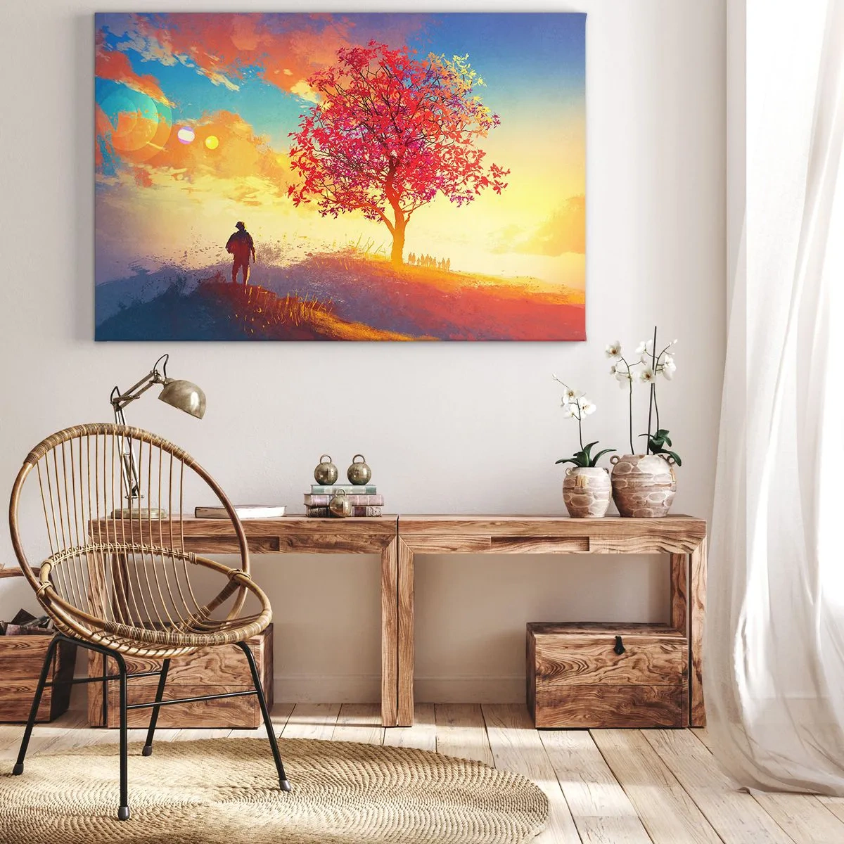 Impression sur toile - Image sur toile - Une silhouette sur une colline à côté d'un arbre coloré à la lumière du soleil couchant - 100x70cm - Pèlerin à destination - Décoration murale moderne pour le salon et la chambre ARTTOR