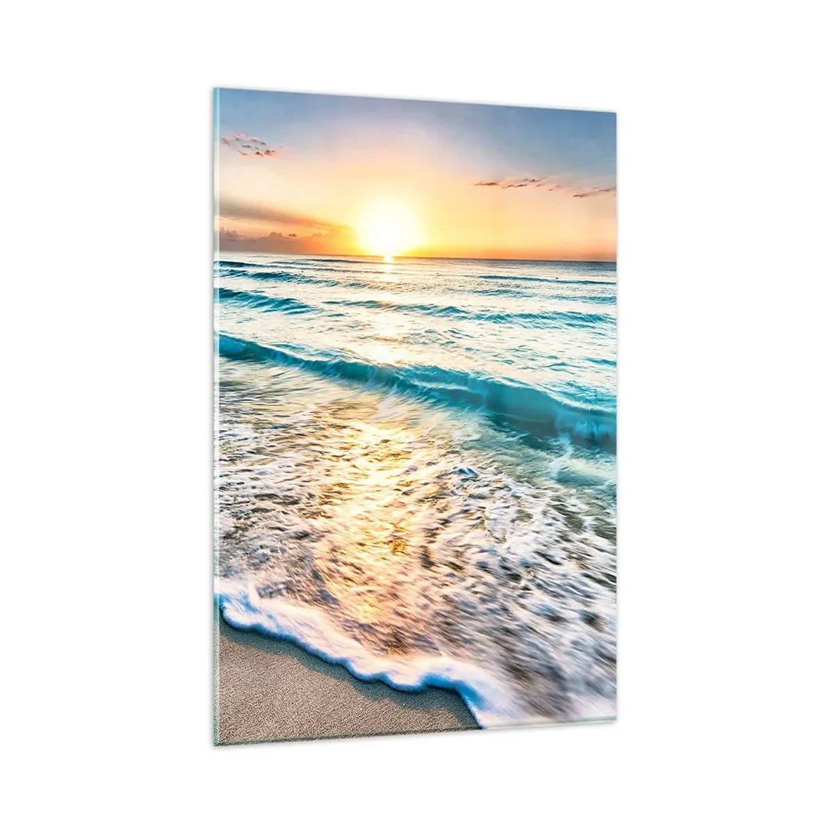 Impression sur verre - Image sur verre - Lever de soleil sur une plage tranquille avec des vagues - 80x120cm - Une vue qui en vaut la peine - Décoration murale moderne pour le salon et la chambre ARTTOR