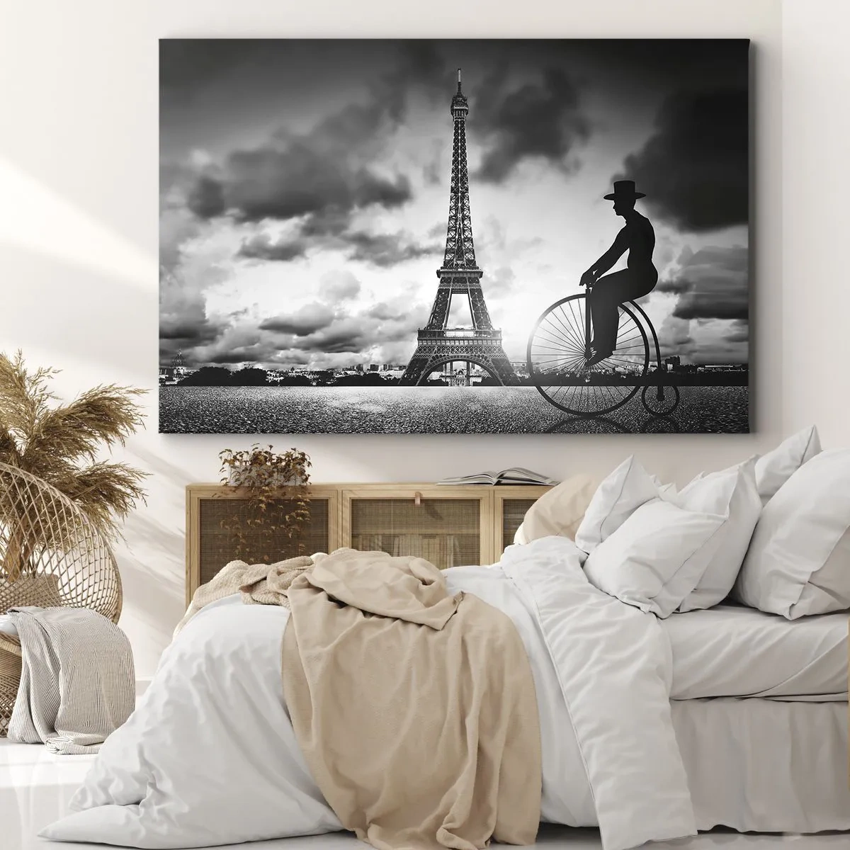 Impression sur toile - Image sur toile - Image en noir et blanc d'un vélo rétro avec la tour Eiffel en arrière-plan - 100x70cm - Nostalgie de la Belle Epoque - Décoration murale moderne pour le salon et la chambre ARTTOR