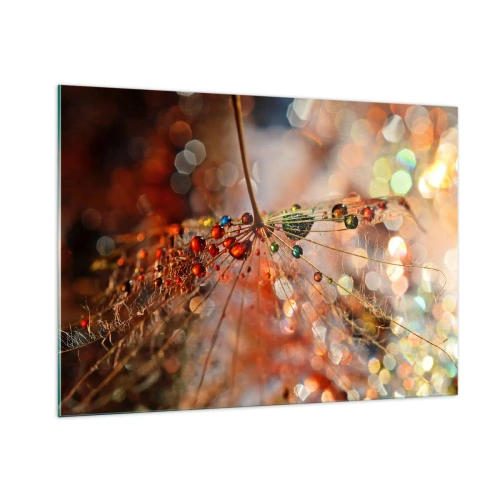 Impression sur verre - Image sur verre - Gouttes d'eau sur une délicate toile d'araignée sous une lumière bokeh - 100x70cm - Enfilé sur un fil d'araignée - Décoration murale moderne pour le salon et la chambre ARTTOR