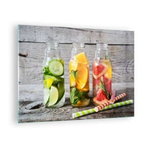 Impression sur verre - Image sur verre - Bouteilles d'eau fruitée et d'herbes sur fond de bois - 70x50cm - Sain par nature - Décoration murale moderne pour le salon et la chambre ARTTOR