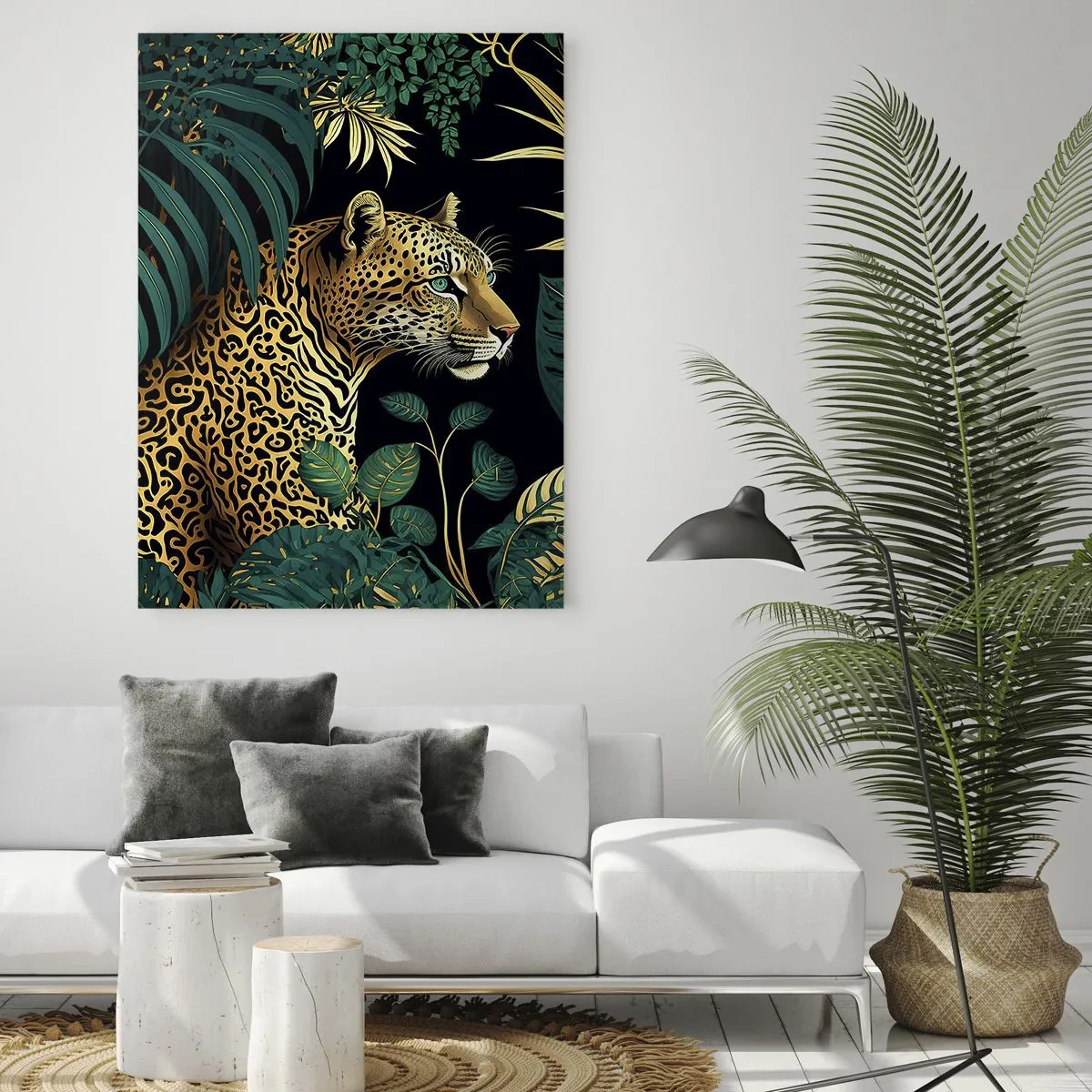 Impression sur verre - Image sur verre - Un léopard parmi des feuilles tropicales sur un fond sombre - 50x70cm - Un hôte dans la jungle - Décoration murale moderne pour le salon et la chambre ARTTOR