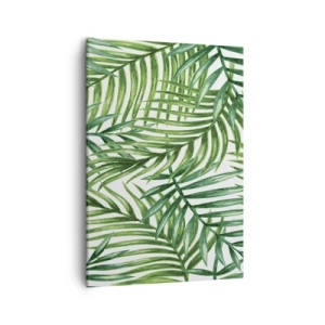 Impression sur toile - Image sur toile - Feuilles de palmier tropicales vertes sur fond clair - 50x70cm - Sous la canopée verte - Décoration murale moderne pour le salon et la chambre ARTTOR