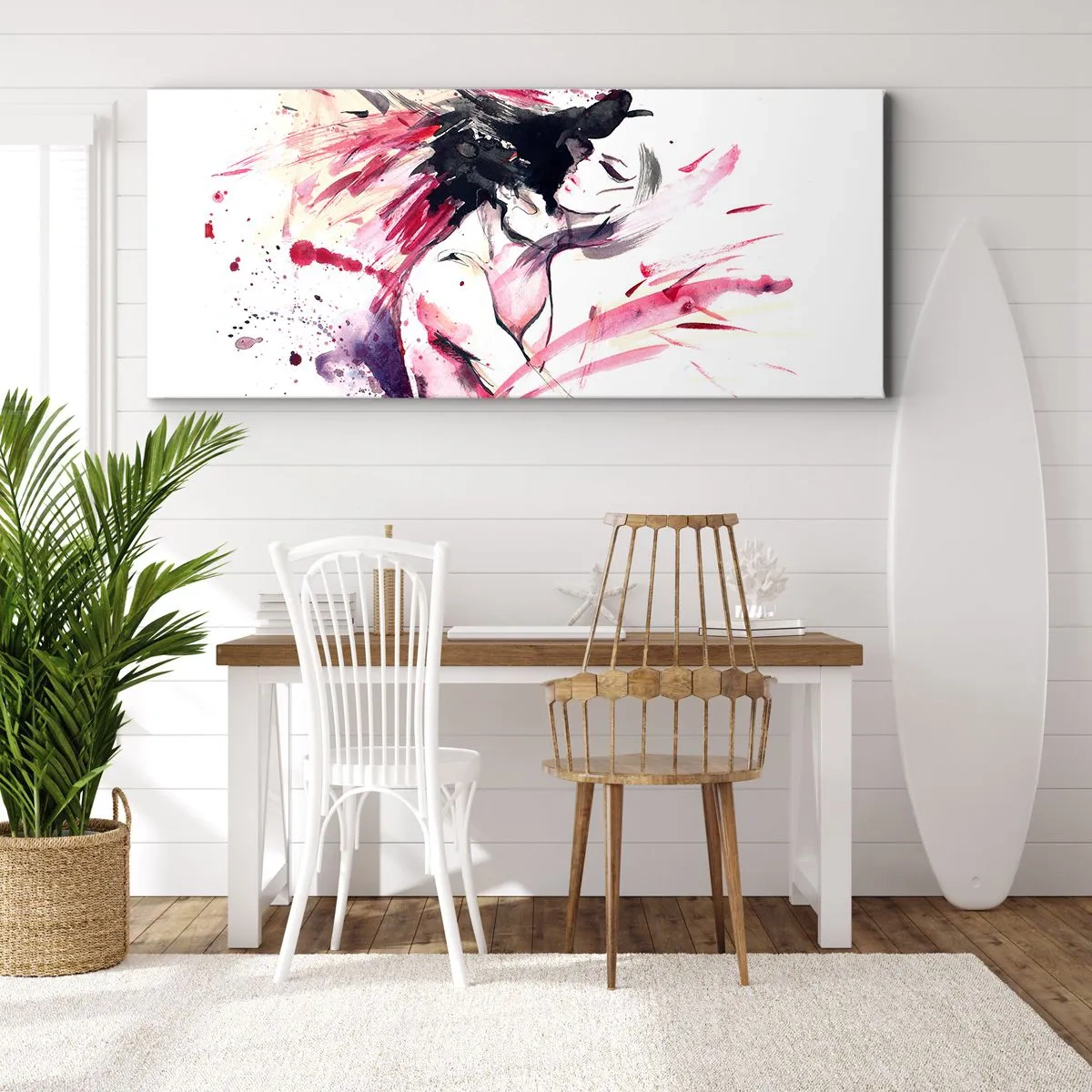 Impression sur toile - Image sur toile - Portrait abstrait d'une femme aux accents rouges dynamiques - 140x50cm - Un accomplissement amoureux - Décoration murale moderne pour le salon et la chambre ARTTOR