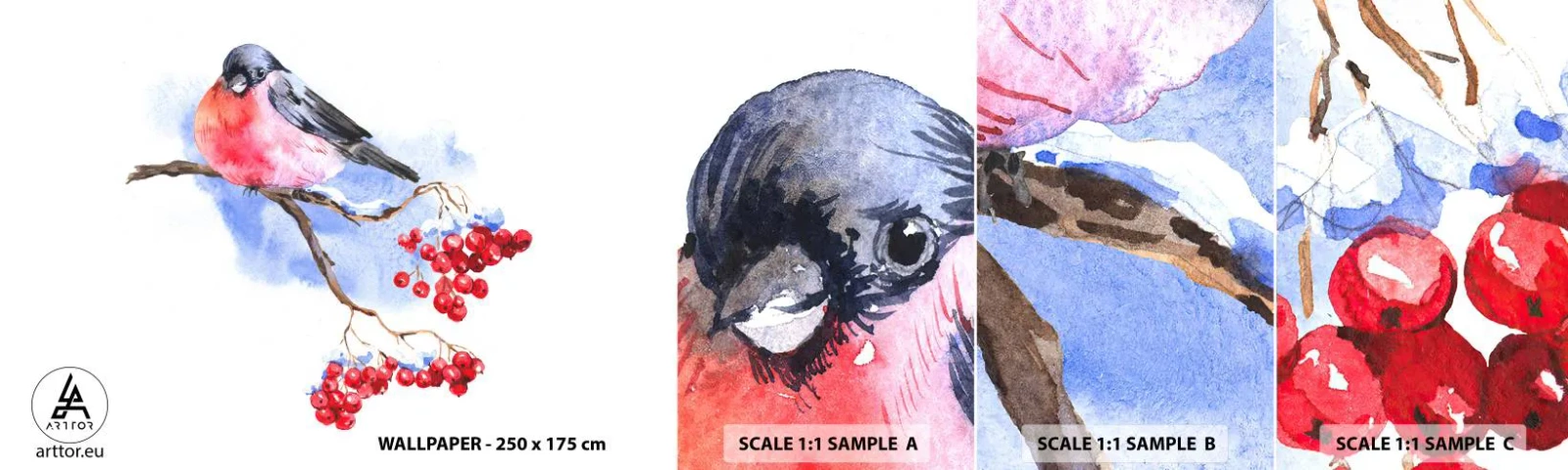 Échantillon de Papier Peint Autocollant Deluxe Sticker - L'hiver en couleurs - Oiseau sur une branche, Rowan rouge, Graphique - 100x30 cm