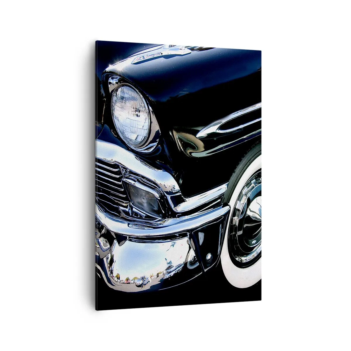 Impression sur toile - Image sur toile - Gros plan du phare et du garde-boue d'une voiture classique noire - 70x100cm - Classique en argent, noir et blanc - Décoration murale moderne pour le salon et la chambre ARTTOR