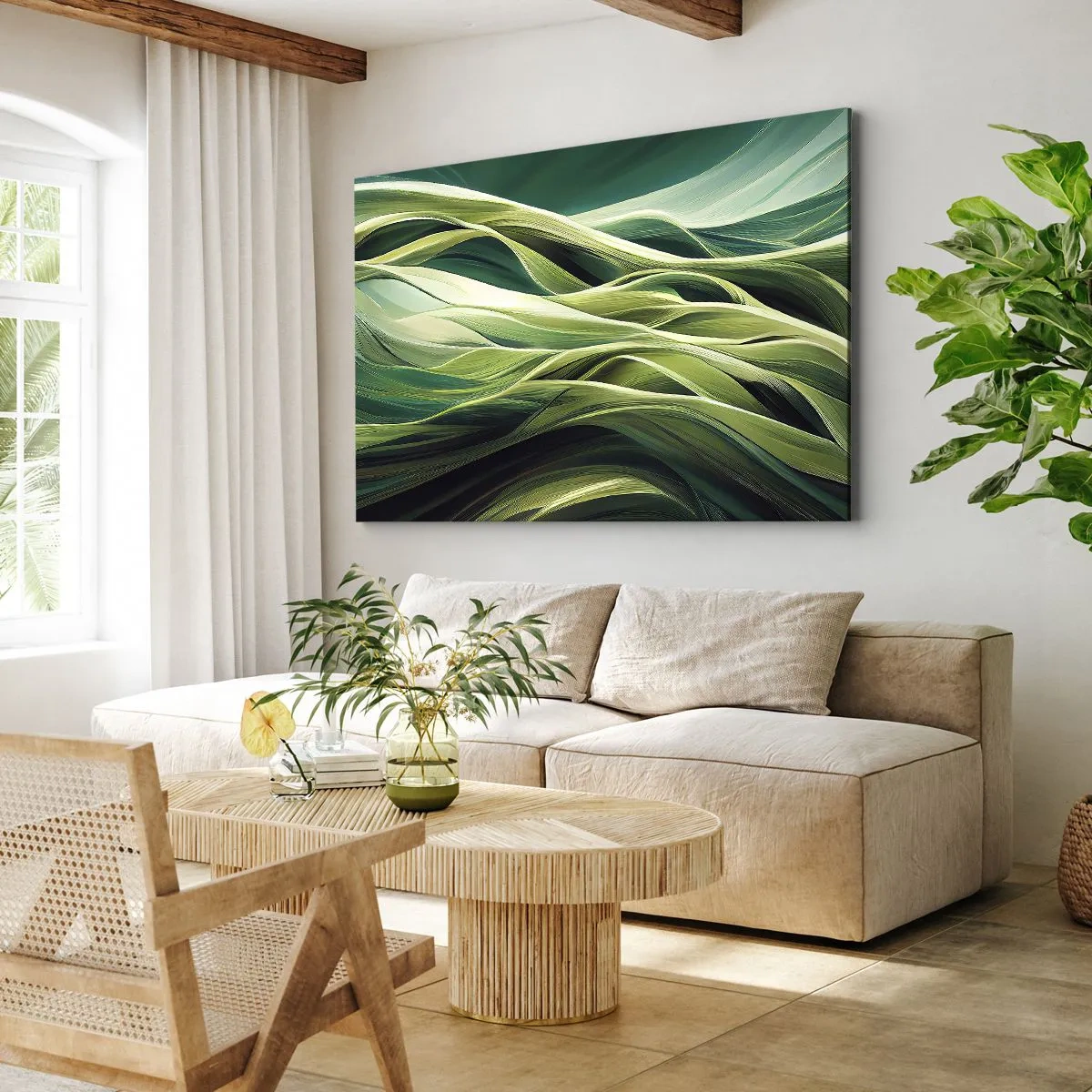 Impression sur toile - Image sur toile - Lignes dynamiques dans des tons de vert - 120x80cm - Jeu de vert abstrait - Décoration murale moderne pour le salon et la chambre ARTTOR