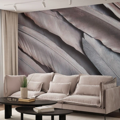 Papier Peint Photo Standard Eco - En argent rose - Plume oiseau, Graphique, Bohème - 500x350 cm
