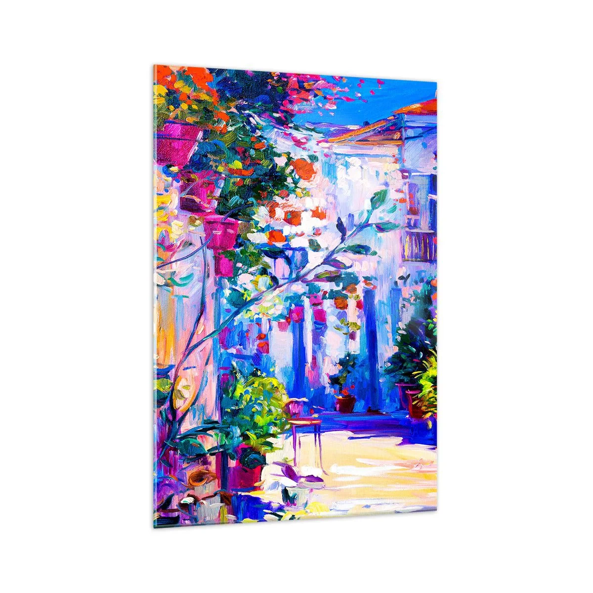 Impression sur verre - Image sur verre - Une rue colorée pleine de fleurs - 70x100cm - Impression - une rue italienne - Décoration murale moderne pour le salon et la chambre ARTTOR
