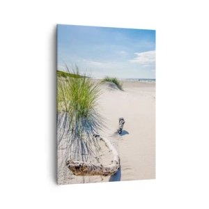 Impression sur toile - Image sur toile - Une plage baltique avec du sable, de l'herbe et un ciel bleu calme - 70x100cm - La plus belle? La Baltique - Décoration murale moderne pour le salon et la chambre ARTTOR