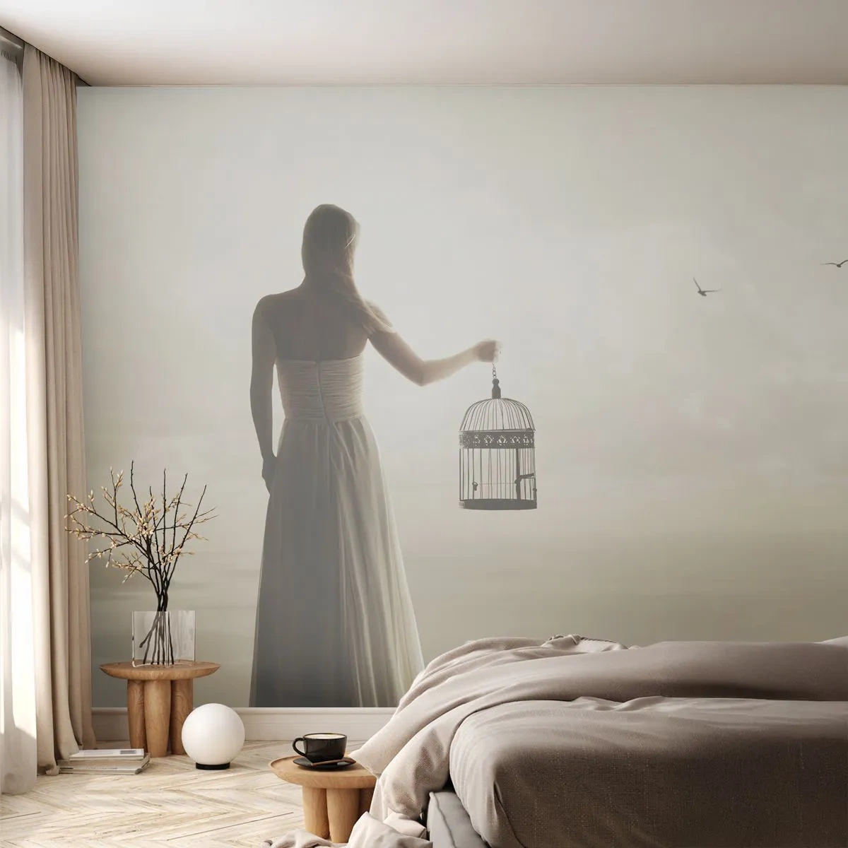 Papier Peint Photo Standard Eco - Soi libre - Femme, Cage à oiseaux, Oiseau - 300x210 cm