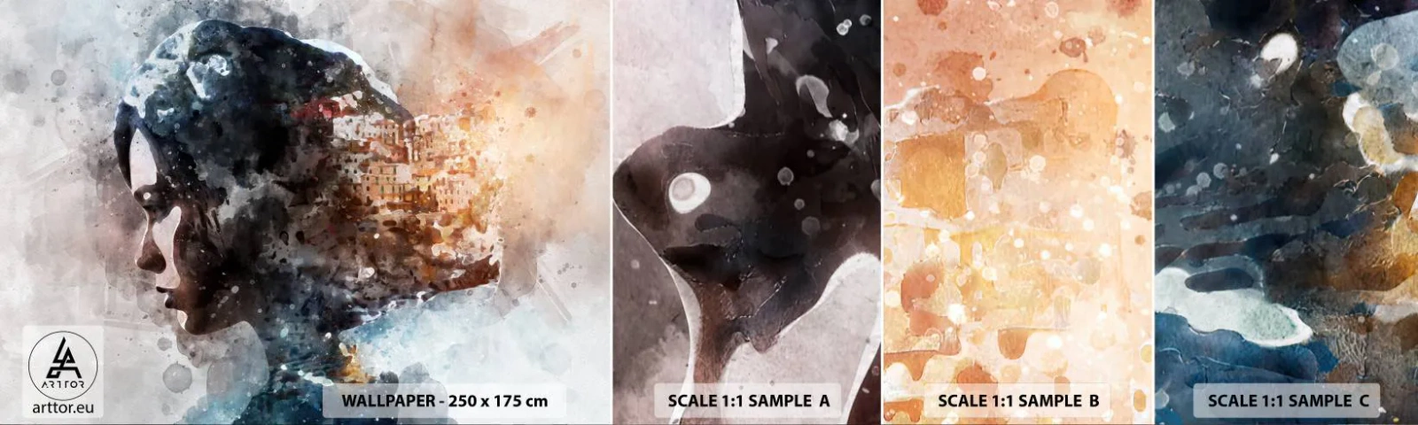 Échantillon de Papier Peint Autocollant Deluxe Sticker - L'histoire d'une fille avec une ville en arrière-plan - Abstraction, Femme, Architecture - 100x30 cm