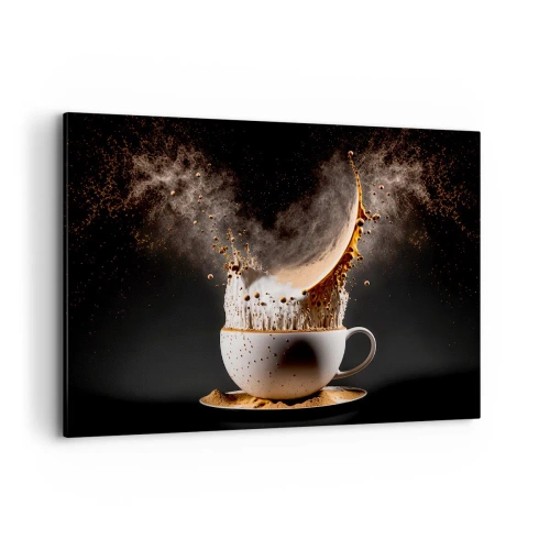 Impression sur toile - Image sur toile - Une tasse de café avec une explosion dynamique de liquide sur fond noir. - 100x70cm - Une explosion de saveur - Décoration murale moderne pour le salon et la chambre ARTTOR