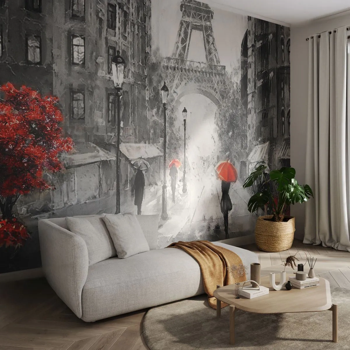 Papier Peint Photo Premium Sand - Paris en noir et blanc sous la pluie avec des accents rouges - 100x70cm - Tous les chemins mènent à elle - Décoration murale moderne pour le salon et la chambre ARTTOR