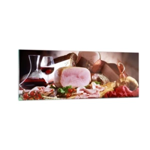 Impression sur verre - Image sur verre - Charcuterie au vin sur fond rustique - 140x50cm - Un rêve culinaire avec une carafe - Décoration murale moderne pour le salon et la chambre ARTTOR
