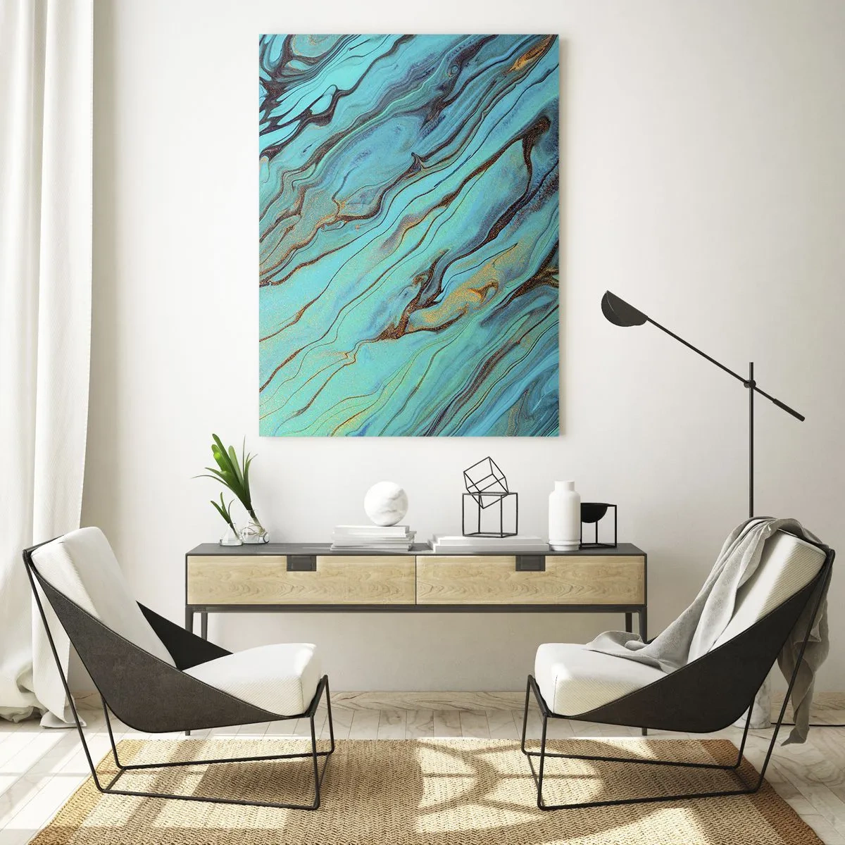 Impression sur verre - Image sur verre - Des stries abstraites en turquoise et or - 50x70cm - Marée turquoise - Décoration murale moderne pour le salon et la chambre ARTTOR