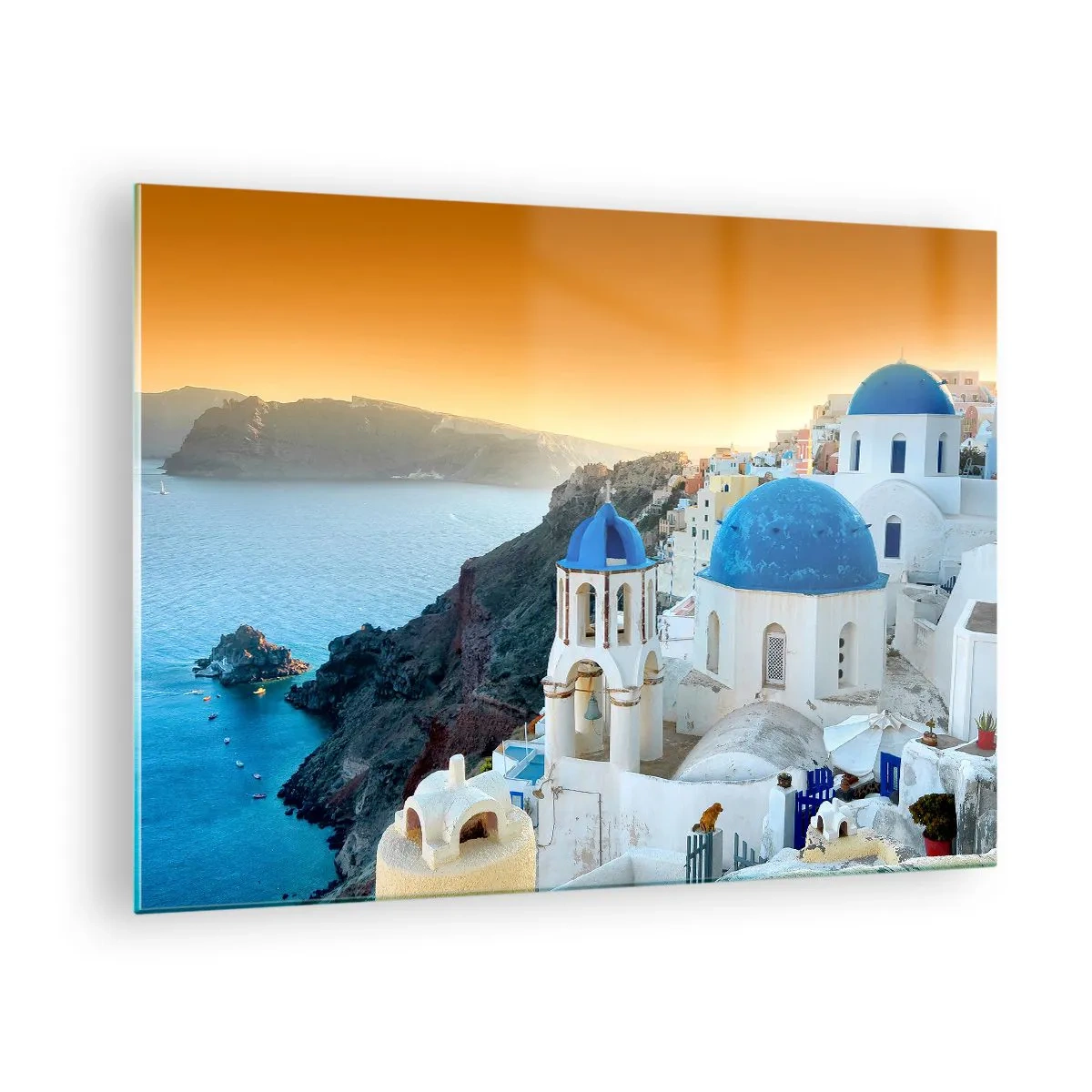 Impression sur verre - Image sur verre - Vue de Santorin avec ses dômes bleus et ses falaises - 70x50cm - Santorin - blotti contre les rochers - Décoration murale moderne pour le salon et la chambre ARTTOR