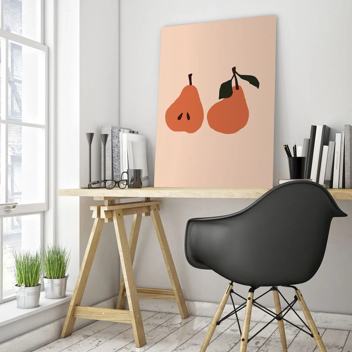 Impression sur verre - Image sur verre - Une illustration minimaliste de deux poires sur fond beige. - 80x120cm - La douceur elle-même - Décoration murale moderne pour le salon et la chambre ARTTOR