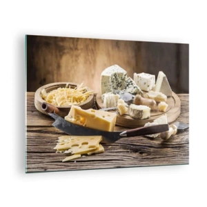 Impression sur verre - Image sur verre - Plateau de fromages avec couteau sur table rustique - 70x50cm - Sourire au fromage - Décoration murale moderne pour le salon et la chambre ARTTOR