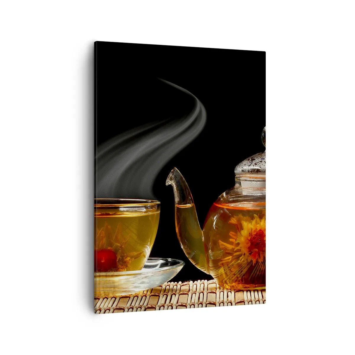 Impression sur toile - Image sur toile - Théière en verre avec thé aux fleurs et une tasse - 50x70cm - La magie et l'art de l'infusion du thé - Décoration murale moderne pour le salon et la chambre ARTTOR
