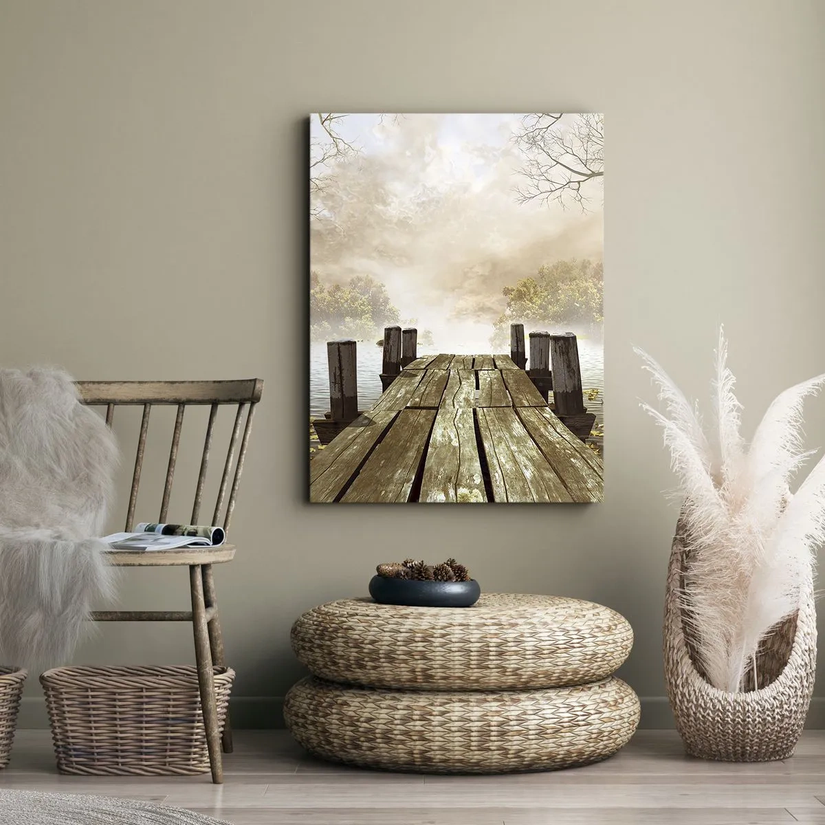 Impression sur toile - Image sur toile - Une jetée en bois menant à un lac calme dans la brume matinale - 50x70cm - La douce tristesse de l'automne - Décoration murale moderne pour le salon et la chambre ARTTOR