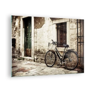 Impression sur verre - Image sur verre - Un vélo noir et blanc appuyé contre un vieil immeuble - 70x50cm - Retour au passé - Décoration murale moderne pour le salon et la chambre ARTTOR